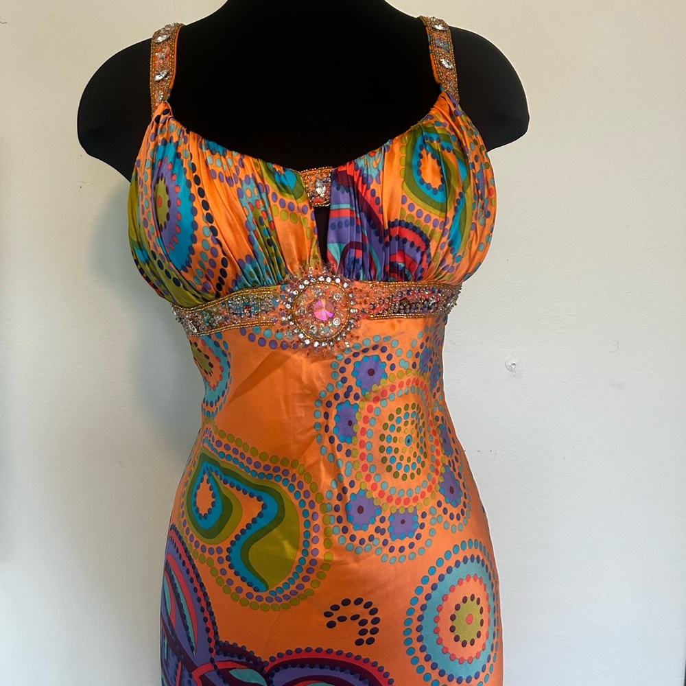 Multi colored long formal satin dress
